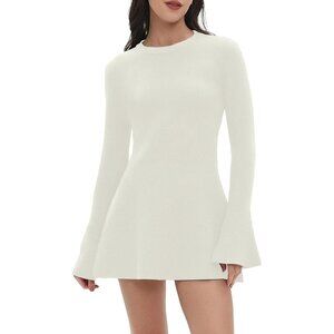 Women Spring Fall Winter Casual Sweater Dress Crew Neck Beige Dress Knit